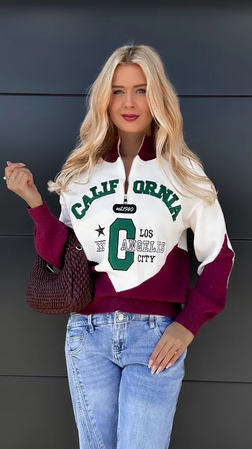 Modny sweter CALIFORNIA z bordową wstawką ONE SIZE - P969