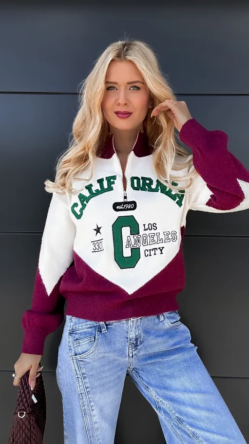 Modny sweter CALIFORNIA z bordową wstawką ONE SIZE - P969