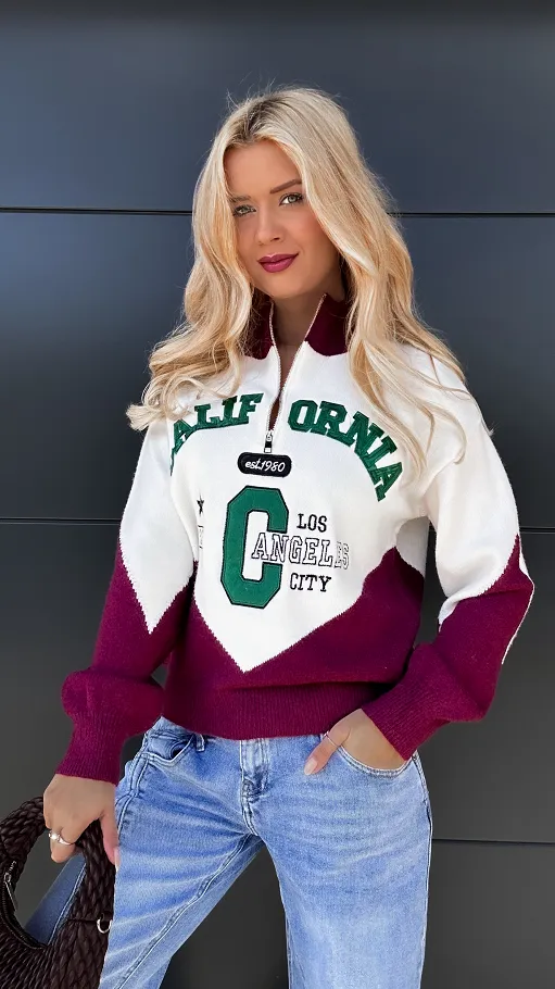 Modny sweter CALIFORNIA z bordową wstawką ONE SIZE - P969