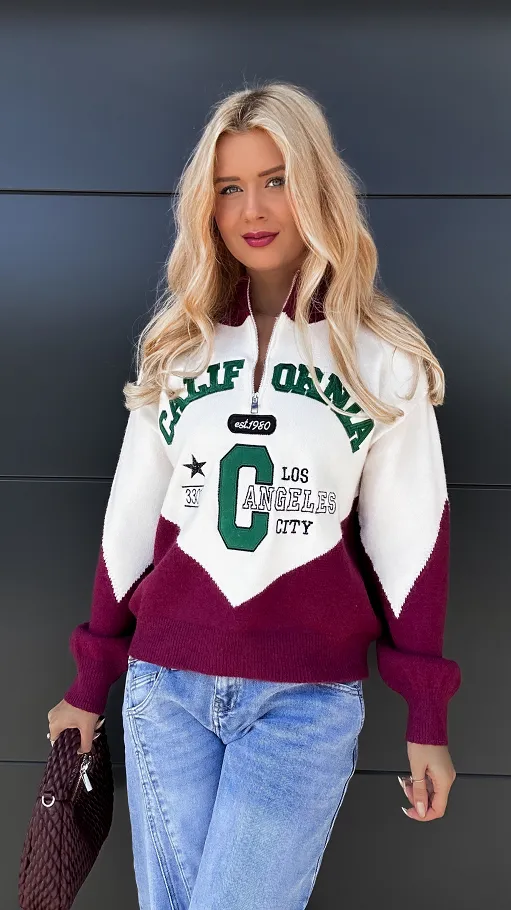 Modny sweter CALIFORNIA z bordową wstawką ONE SIZE - P969