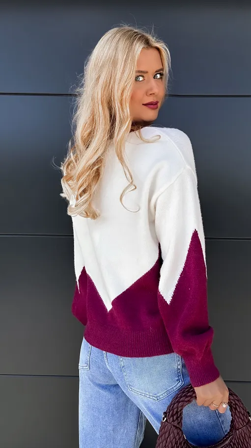 Modny sweter CALIFORNIA z bordową wstawką ONE SIZE - P969