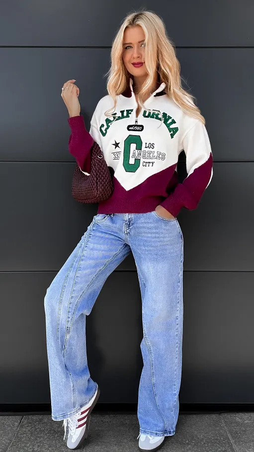 Modny sweter CALIFORNIA z bordową wstawką ONE SIZE - P969