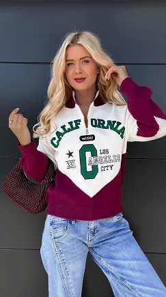 Modny sweter CALIFORNIA z bordową wstawką ONE SIZE - P969