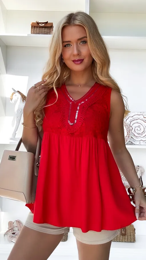 Czerwona bluzka BOHO na ramiączkach z wiskozy ONE SIZE - P908