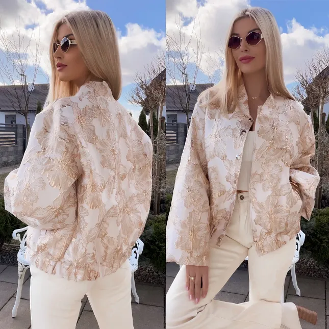 Lekka kurtka przejściowa BOMBERKA w złote kwiaty ONE SIZE - R827