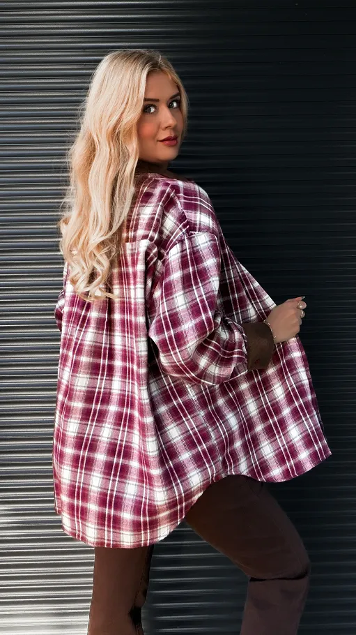 Modna jesienna koszula w bordową kratkę ONE SIZE - R179
