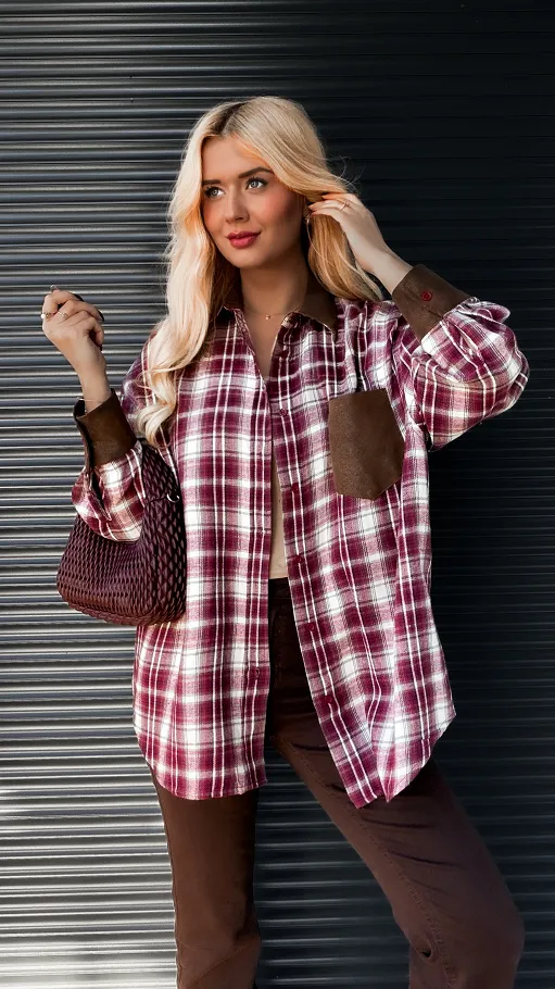 Modna jesienna koszula w bordową kratkę ONE SIZE - R179
