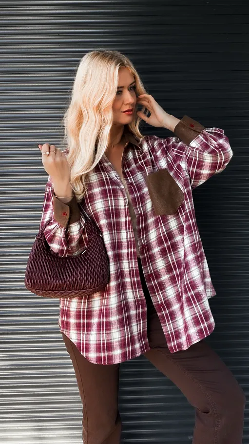 Modna jesienna koszula w bordową kratkę ONE SIZE - R179