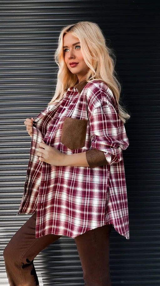 Modna jesienna koszula w bordową kratkę ONE SIZE - R179