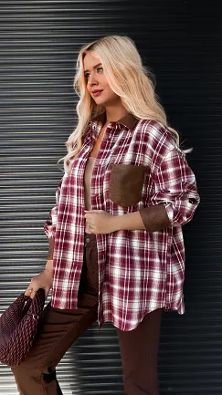 Modna jesienna koszula w bordową kratkę ONE SIZE - R179
