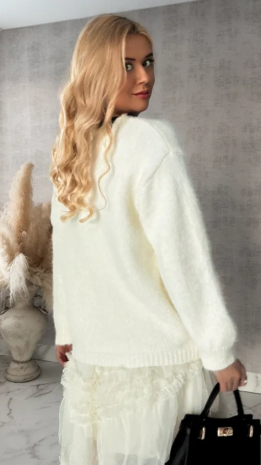 Elegancki sweter ECRU z guzikami i czarną tasiemką ONE SIZE - R364