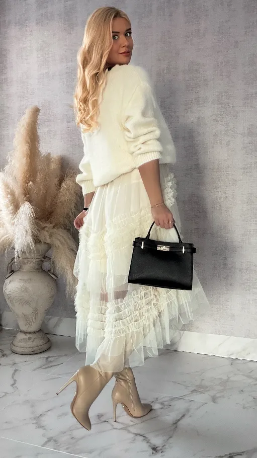 Elegancki sweter ECRU z guzikami i czarną tasiemką ONE SIZE - R364