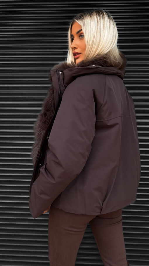 Zimowa kurtka PARKA z futerkiem CIEMNO czekoladowa - S436