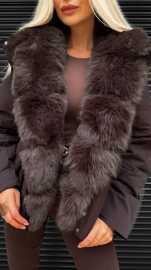 Zimowa kurtka PARKA z futerkiem CIEMNO czekoladowa - S436