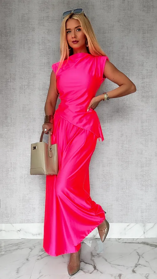 Gładki komplet z asymetryczną bluzką ONE SIZE pink neon - P723D