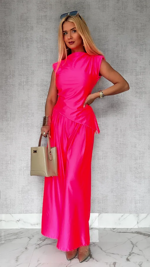 Gładki komplet z asymetryczną bluzką ONE SIZE pink neon - P723D