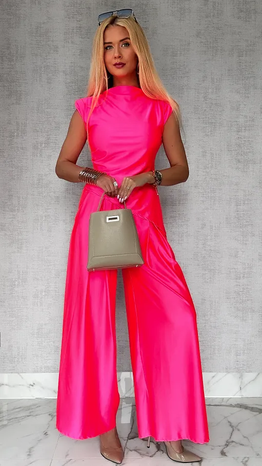 Gładki komplet z asymetryczną bluzką ONE SIZE pink neon - P723D