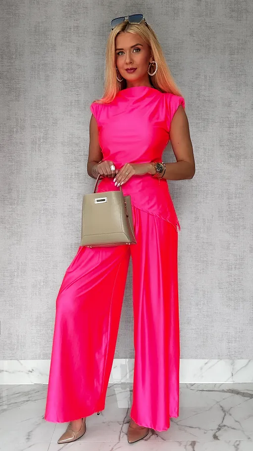 Gładki komplet z asymetryczną bluzką ONE SIZE pink neon - P723D