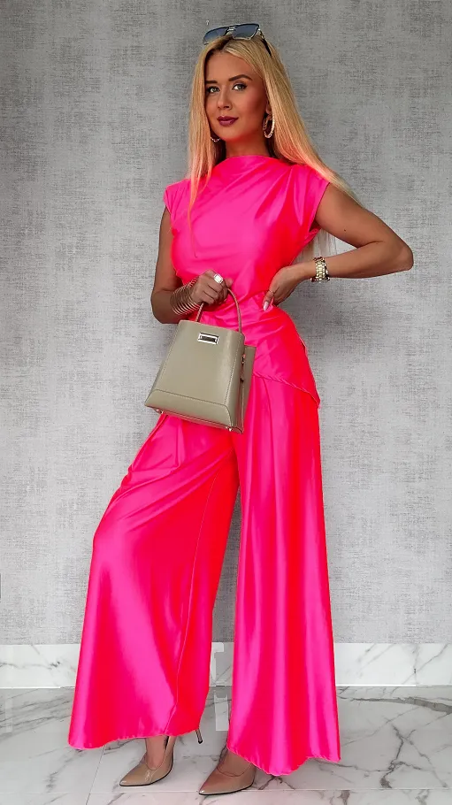 Gładki komplet z asymetryczną bluzką ONE SIZE pink neon - P723D