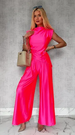 Gładki komplet z asymetryczną bluzką ONE SIZE pink neon - P723D