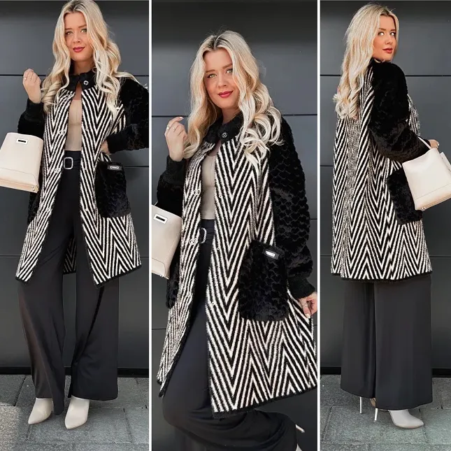 Ciepły elegancki płaszcz ALPAKA w jodełkę ONE SIZE beż - R060A