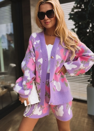 Komplet dzianinowy damski sweter oversize + spodenki LILIOWY - L765A