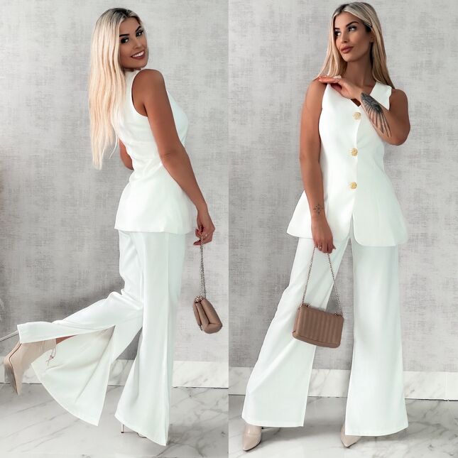 Elegancki biały komplet kamizelka + spodnie z rozcięciami - R467