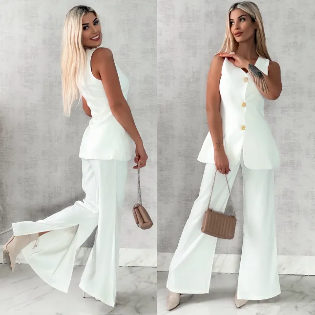 Elegancki biały komplet kamizelka + spodnie z rozcięciami - R467