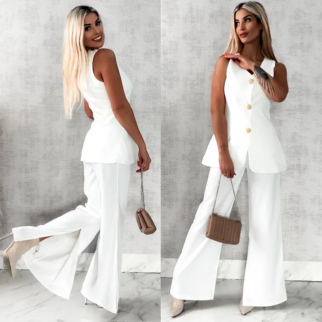 Elegancki biały komplet kamizelka + spodnie z rozcięciami - R467