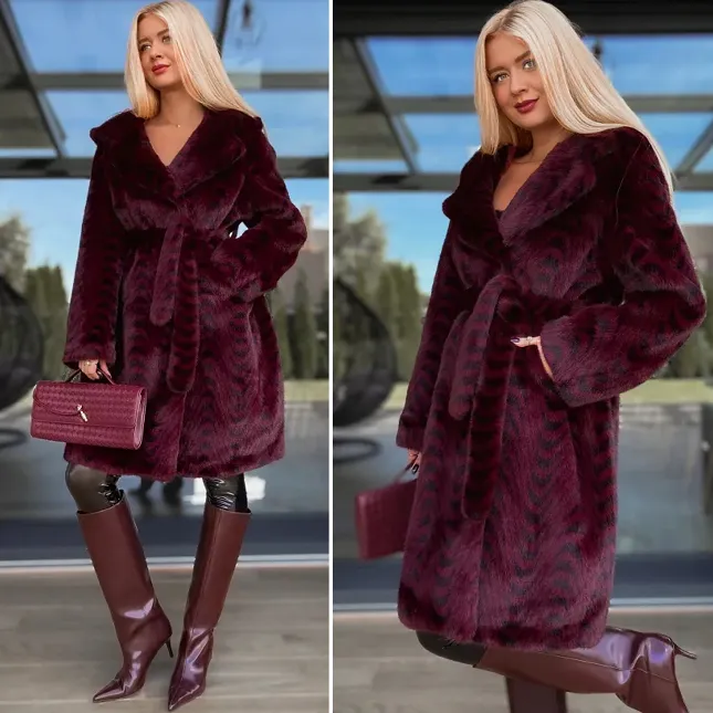 Ekskluzywne bordowe futro OVERSIZE w modne paski - R123A