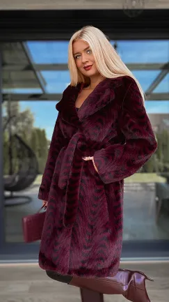 Ekskluzywne bordowe futro OVERSIZE w modne paski - R123A
