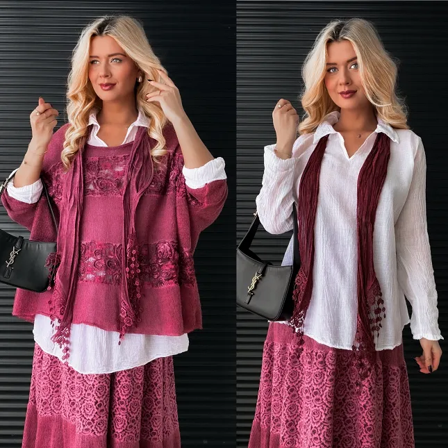 Komplet 3w1 lekki sweter + koszula + szalik ONE SIZE bordo - N877