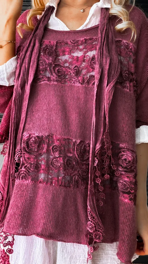 Komplet 3w1 lekki sweter + koszula + szalik ONE SIZE bordo - N877