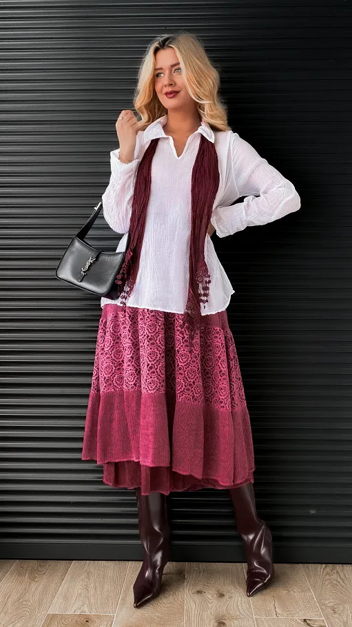 Komplet 3w1 lekki sweter + koszula + szalik ONE SIZE bordo - N877