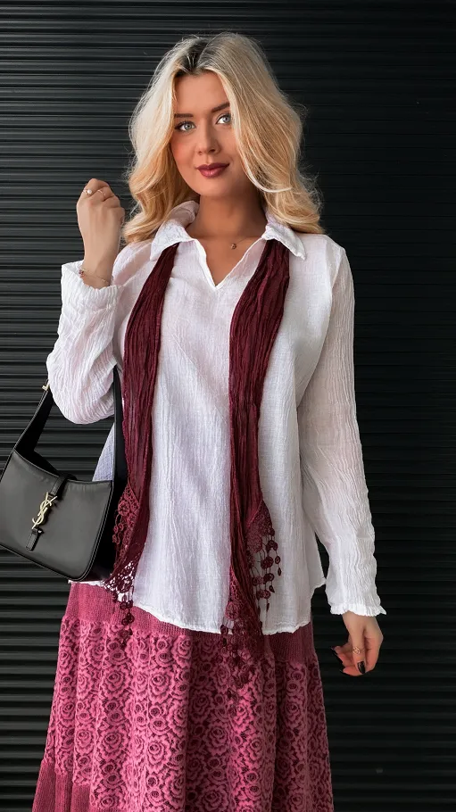 Komplet 3w1 lekki sweter + koszula + szalik ONE SIZE bordo - N877