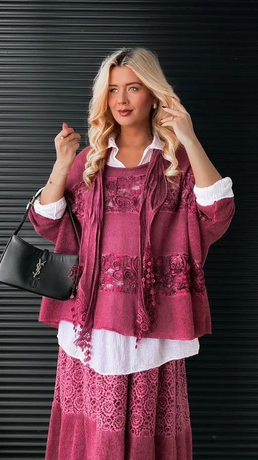 Komplet 3w1 lekki sweter + koszula + szalik ONE SIZE bordo - N877