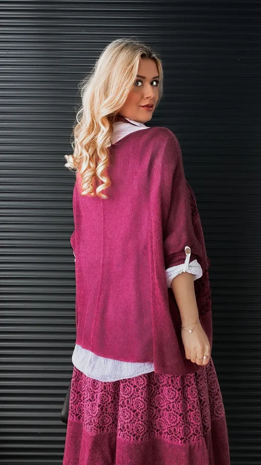 Komplet 3w1 lekki sweter + koszula + szalik ONE SIZE bordo - N877