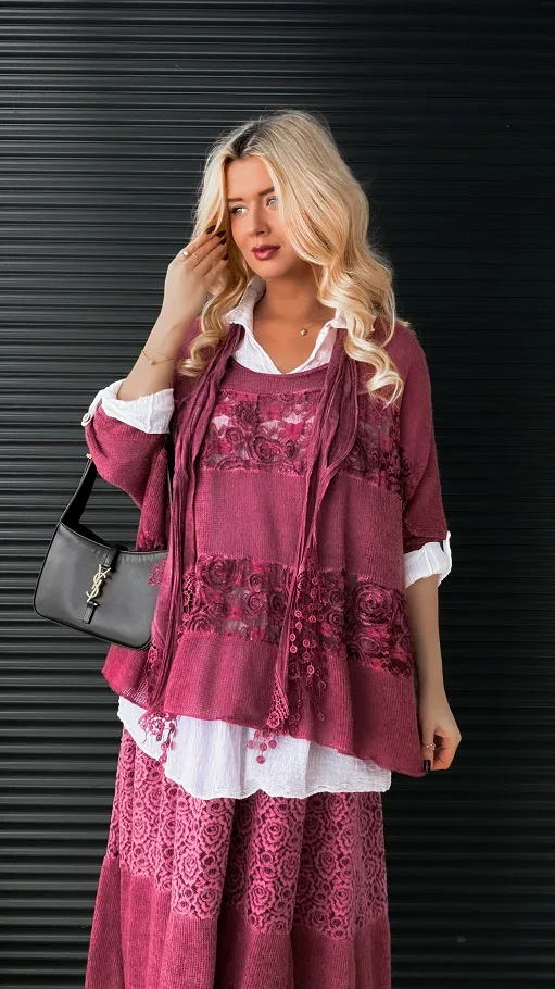 Komplet 3w1 lekki sweter + koszula + szalik ONE SIZE bordo - N877