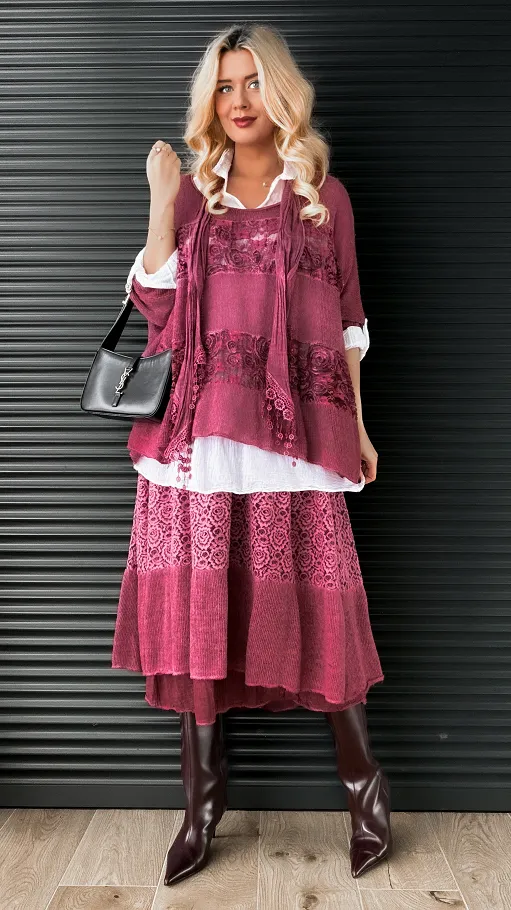 Komplet 3w1 lekki sweter + koszula + szalik ONE SIZE bordo - N877