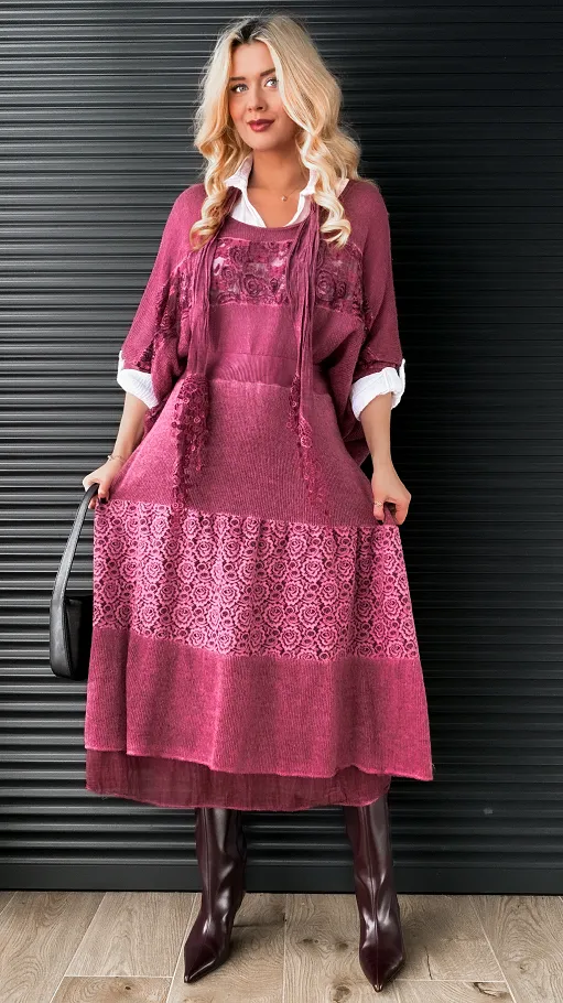 Komplet 3w1 lekki sweter + koszula + szalik ONE SIZE bordo - N877