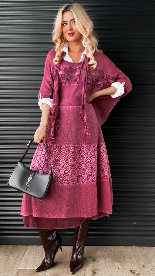 Komplet 3w1 lekki sweter + koszula + szalik ONE SIZE bordo - N877