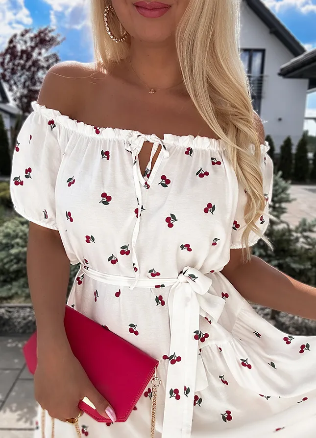 Fantastyczna biała MIDI sukienka hiszpanka w wisienki z WISKOZY - N257