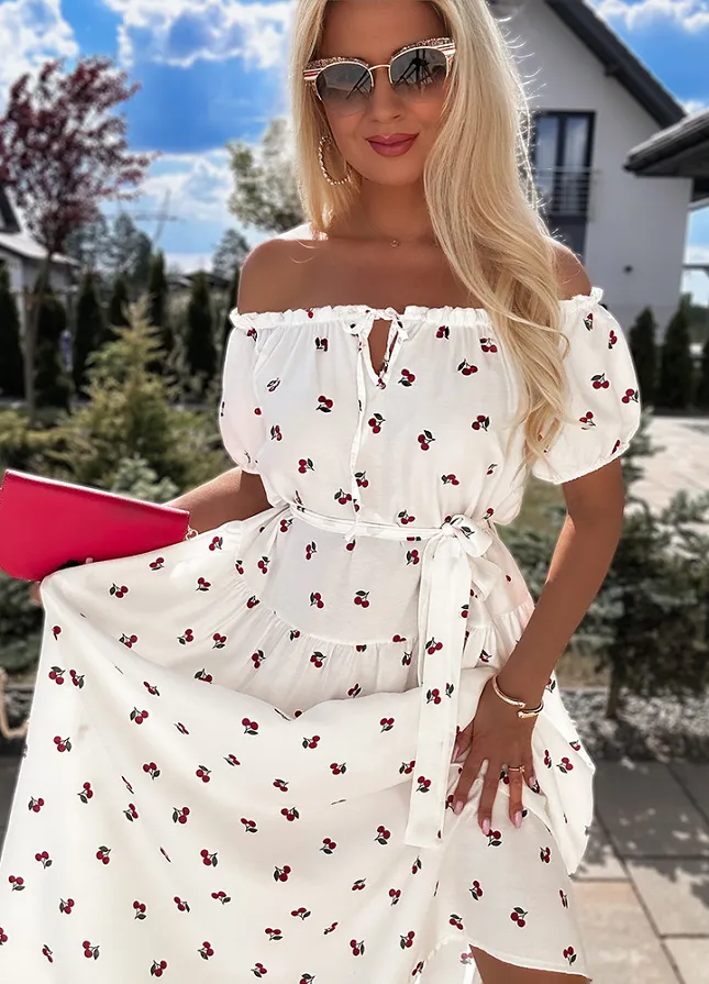 Fantastyczna biała MIDI sukienka hiszpanka w wisienki z WISKOZY - N257