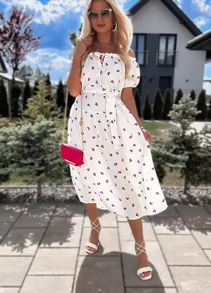 Fantastyczna biała MIDI sukienka hiszpanka w wisienki z WISKOZY - N257