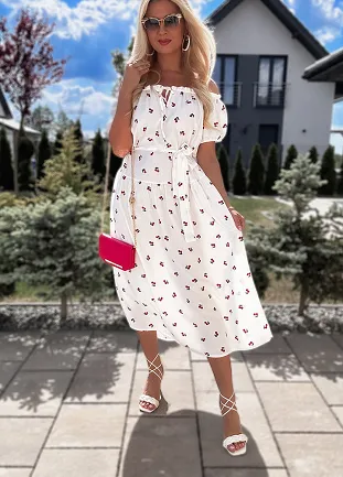 Fantastyczna biała MIDI sukienka hiszpanka w wisienki z WISKOZY - N257