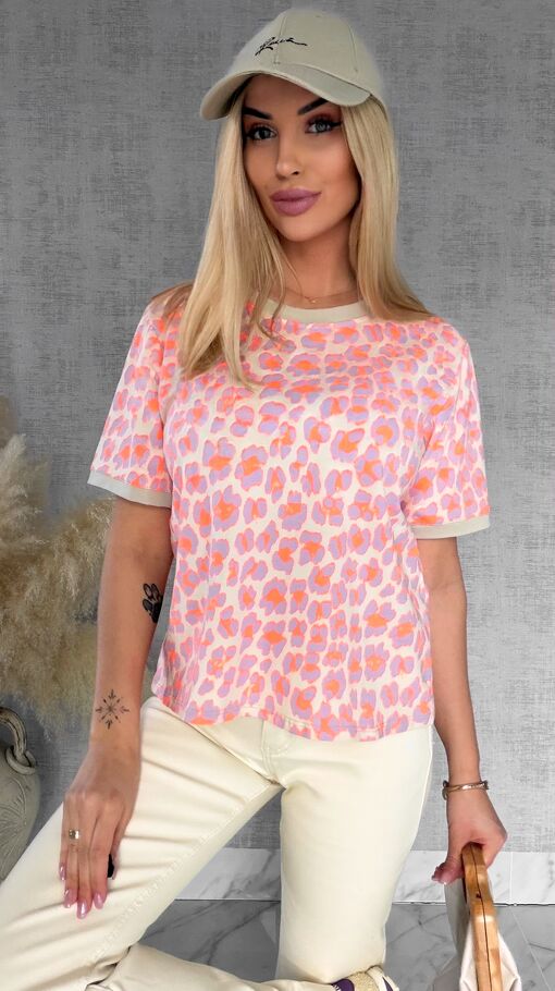 Bawełniana bluzka T-SHIRT w neonową panterę ONE SIZE fiolet - R949