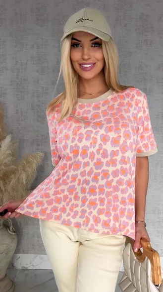 Bawełniana bluzka T-SHIRT w neonową panterę ONE SIZE fiolet - R949
