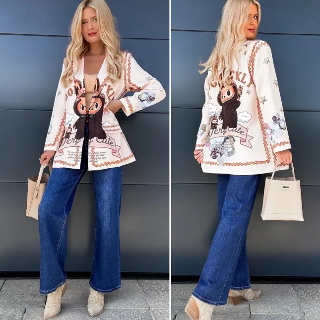 Marynarka z viralowym printem OVERSIZE beżowa - R020A