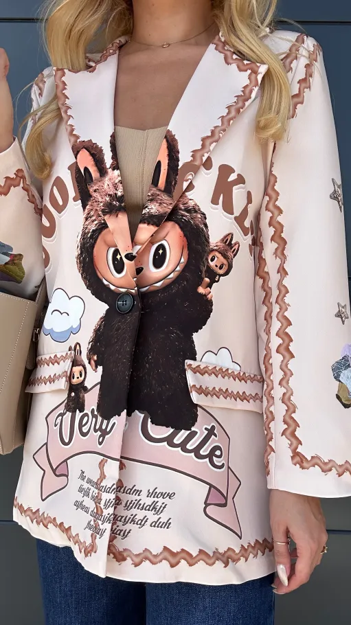 Marynarka z viralowym printem OVERSIZE beżowa - R020A