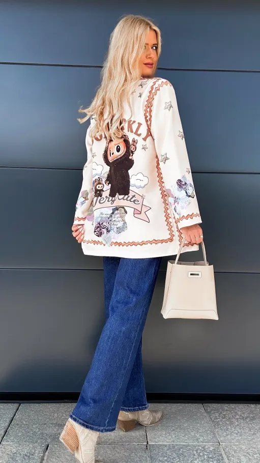 Marynarka z viralowym printem OVERSIZE beżowa - R020A